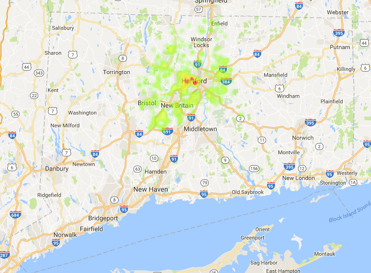 Physician Assistants - PA - Heat MAP Connecticut Hartford County
