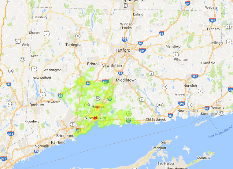 Physician Assistants - PA - Heat MAP Connecticut New Haven County